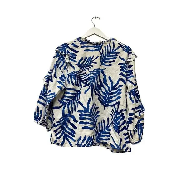 Size Large Linen Blend Resort Blue Boho Tropical Pool Vacation Ruffle Blouse Top - Picture 6 of 11